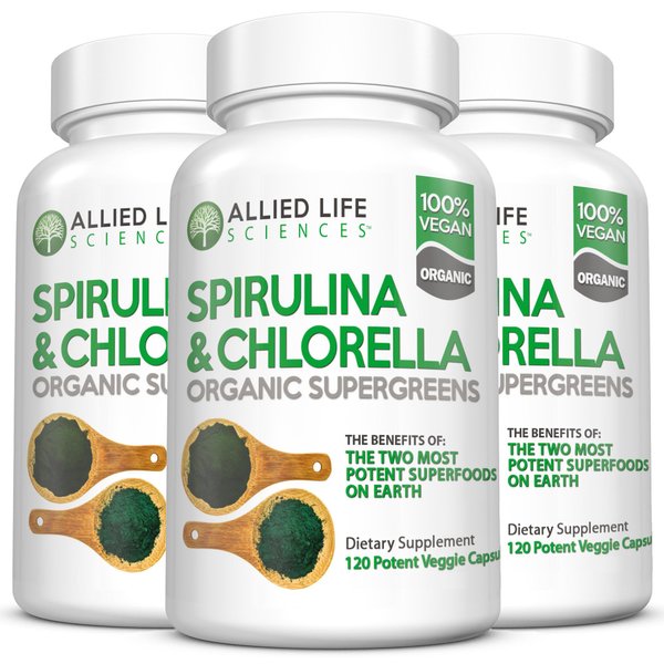Allied Life Spirulina and Chlorella | Organic Chlorophyll Vegan Protein Powder Green Superfood Capsules | Natural Immune Support (3 Bottle Pack)
