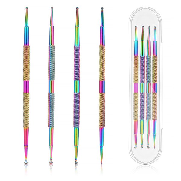 Jeffdad Nail Dotting Tool, 4 Pcs Professional Double-ended Nail Art Tools with Box, Dot Pen Metal Dot pen Nail Polish Paint Pen Dot Diamond Pattern Stainless Steel Dotting Tools Nail art(color)