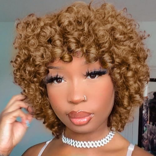 Quick Wig Human Hair Wigs Short Curly Bob Wig for Black Women None Lace Big Curly Wig with Bangs Pixie Cut African American Wigs (30#)