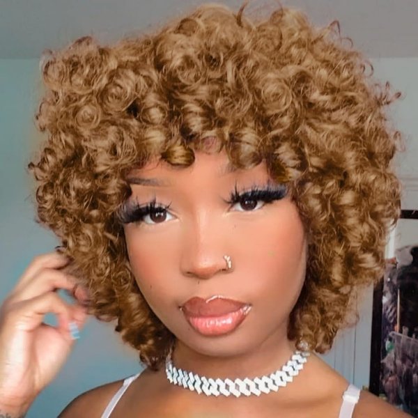 Quick Wig Human Hair Wigs Short Curly Bob Wig for Black Women None Lace Big Curly Wig with Bangs Pixie Cut African American Wigs (30#)