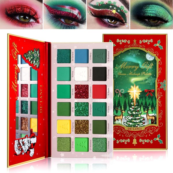 Afflano Green Eyeshadow Palette St Patricks Day Makeup, Multichrome Red Green Eyeshadow Palette Highly Pigmented, Yellow Forest Green Glitter Eye Shadow White Black Green Blue Grinch Makeup