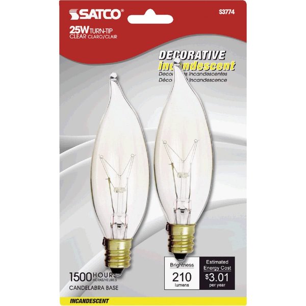 Satco S3774 Turn Tip Incandescent Decorative Light Bulb, 25 Watts, 120 Volt, Pack of 10 (2 bulbs per card)