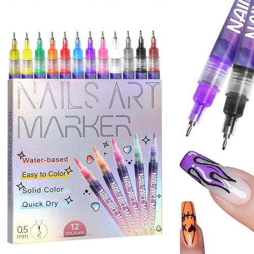 Gorvalin Fine Tips 3D Nail Art Pens, 12 Colors 0.5MM Nail Polish Pens Nail Point Graffiti Dotting Pen Drawing Painting Liner Brush for Home Salon Quickly DIY Nail Art