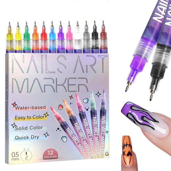 Gorvalin Fine Tips 3D Nail Art Pens, 12 Colors 0.5MM Nail Polish Pens Nail Point Graffiti Dotting Pen Drawing Painting Liner Brush for Home Salon Quickly DIY Nail Art