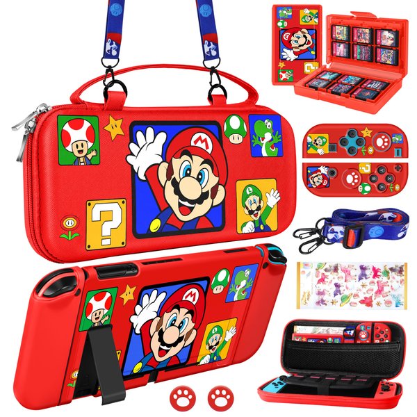 Xinocy for Nintendo Switch 9 in 1 Storage Accessories Kit with Travel Carrying Case+Switch Protective Cover+Game Case Holder+Strap+Sticker+2 Joycon Shells+2 Thumb Caps Cute for Boys Kids Girls -Red