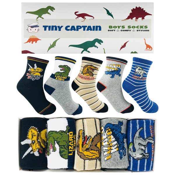 Tiny Captain Boy Dinosaur Socks 4-7 Year Old Boys Crew Cotton Sock Age 5 Gift (Medium, Green)