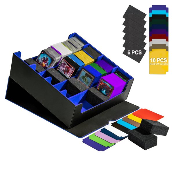 3200+ Trading Card Storage Box, 6 Rows Card Deck Case for Trading Cards with 10 Pcs Card Dividers PU Leather Commander Card Deck Case for Magic Commander YugiOh TCG TGG Cards Sport Cards (Black/Blue)