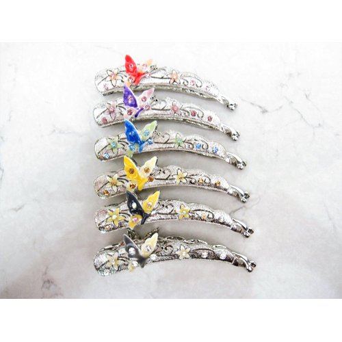 Generic Slim silver metal filigree flower butterfly banana hair claw clips with jewels Set B (Primary color: Pink)