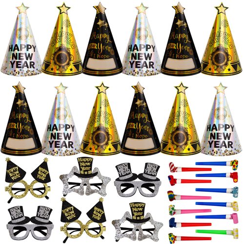 ceiba tree New Years Eve Party Supplies 2025 Party Accessories 12pcs Hats 12pcs Squawkers 6pcs Felt Glasses Happy New Year Decorations NYE Decorations
