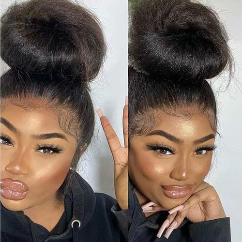 ten chopsticks Kinky Straight Hair Wig 360 HD Transparent Lace Front Wig Human Hair Wigs 150% Density Yaki Straight Human Hair Wig for Women Full End Glueless Brazilian Hair 360 HD Lace Wig 16 inch