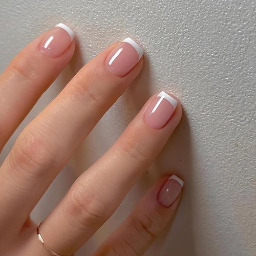 SINSEN French Tip Press on Nails Short Square Fake Nails, Cute Glue on Nails, Glossy Pink Acrylic Nail Kit, Summer Nail Art Decorations Full Cover White French Designs Stick on Nails for Women 24Pcs