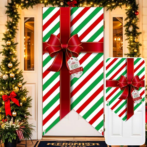 Christmas Door Cover Decoration Bowknot Gift Box Door Cover Both Side Merry Christmas Door Hanging Banner Xmas Porch Sign Backdrop for Holiday Xmas Eve Indoor Outdoor Party Supplies 118 x 35 Inch