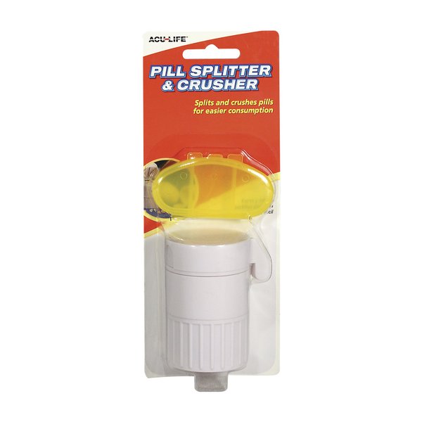 Acu-Life Pill Splitter and Crusher, Daily Usage, Safely Crushes Pills, Vitamins, Tablets, Accurate and Easy Consumption, Includes Storage Container, Travel Sized, White and Yellow, BPA Free