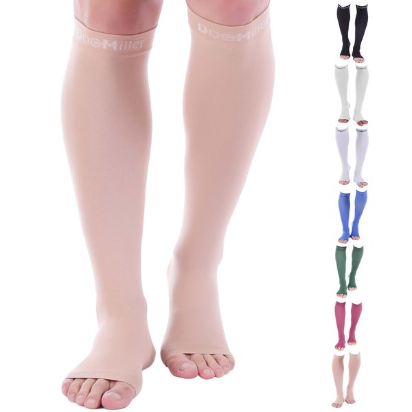 Doc Miller Open Toe Compression Socks Women and Men, 20-30 mmHg Toeless Compression Socks Women, Recovery Support Circulation Shin Splints Varicose Veins (Skin/Nude, Medium)