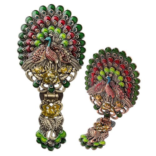 Nerien Hand Mirror Vanity Makeup Mirror Travel Foldable Peacock Metal Cosmetic Mirrors Portable Adjustable Embossed Handle Mirror Decorative Desk Vintage Oval Beauty Mirrors Bronze-2