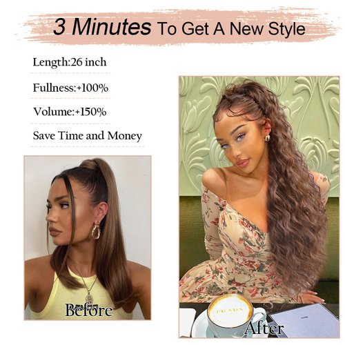 Violet Light Brown Ponytail Extension for Women 26 Inch Long Curly Drawstring Ponytail Extension for Women Instant Wavy Clip in Ponytail Hair Extensions Brown Hair Extension (Chestnut Brown)