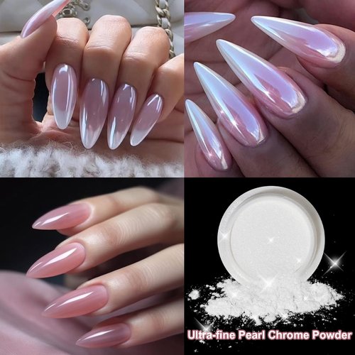 BISHENGYF Pearl Chrome Nail Powder:【Super Mirror Effect】White Pearl Chrome Nail Powder Ice Transparent Aurora Chrome Nail Powder for Nails Art DIY