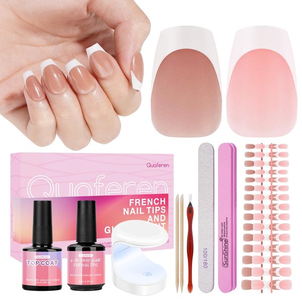 Quaferen French Gel Nail Tips: French Tip Press on Nails - Upgraded Silky Matte 240PCS Pink and Brown Short Coffin Nail Tips Nail Extension Kit French Tip Tool Set with Nail Lamp Gel Glue Top Coat
