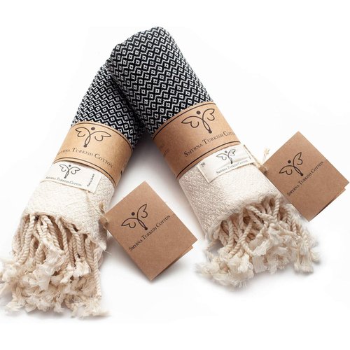 SMYRNA TURKISH COTTON Vintage Series Turkish Hand Towels, 16x40 inch, Decorative Turkish Hand Towels for Bathroom, Kitchen, Face, Hair, Tea, Yoga, Gym, Dishcloth Set of 2, Black
