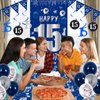 15th Birthday Decorations for Boys Girls, Blue Silver 15th Birthday Decorations Backdrop Banner, Happy 15th Birthday Tablecloth, Number 15 Hanging Swirls, Triangle Flag, 15 Years Old Party Supplies
