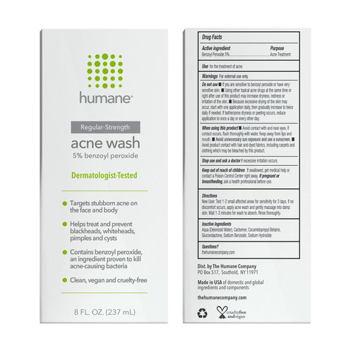 humane Regular-Strength Acne Wash - 5% Benzoyl Peroxide Acne Treatment for Face, Skin, Butt, Back and Body - 8 Fl Oz - Dermatologist-Tested Non-Foaming Cleanser - Vegan, Cruelty-Free