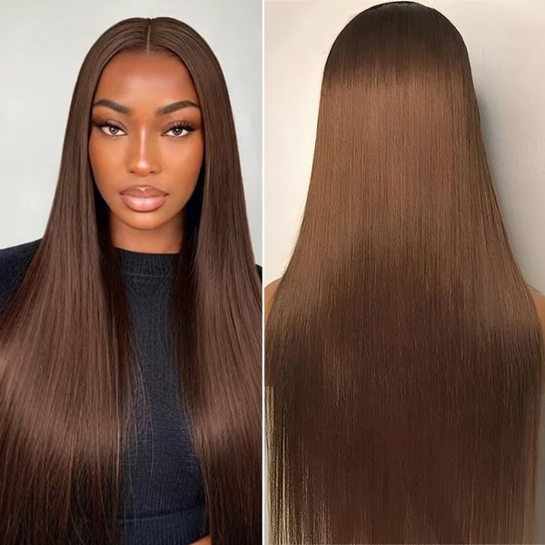 usmoother Chocolate Brown 13x6 HD Lace Front Wig Human Hair 28 Inch 200% Density Straight Lace Front Wig Human Hair Pre Plucked Pre Cut with Baby Hair Full Thick for Black Women 4# Brown Glueless Wig