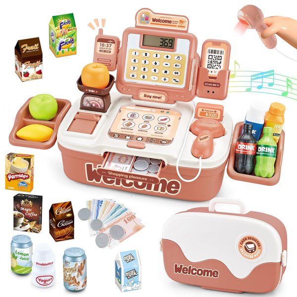 Pretend Play Toys Cash Register for Kids, Role Play Store Shopping Cashier Playset with Scanner,Toddlers Toy Cash Register with Sound, Light, Play Money, Food, Gift Toys for Boys Girls 3 4 5-8 Years