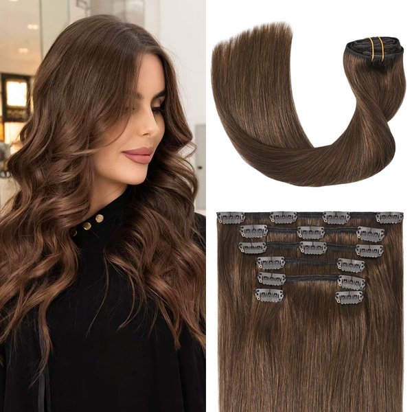 UGOTRAYS Medium Brown Hair Extensions Real Human Hair Clip in Hair Extensions 70g 7pcs 18inch,Soft & Natural Straight Double Weft for Women 18in #4 Chocolate Brown Hair Extensions
