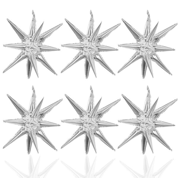 6 Pcs Silver Star Foil Balloons One-Piece 14-Pointed Star Balloons 4D Starburst Cone Mylar Balloons 22inch Christmas Birthday Wedding Wedding Anniversary Party Supplies(Silver)