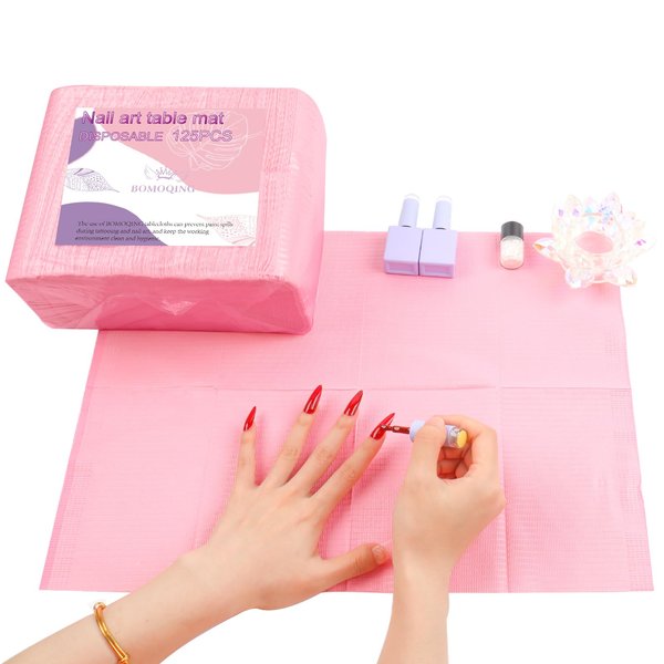 BOMOQING 125PCS Disposable Nail Art Table Mat, Waterproof Nail Tips Art Table Towels Mat, 3 Ply Nail Napkins for Acrylic, Nail Art Mat Paper Sheet, Nail Tips Art Waterproof Pad for Salon (Pink)