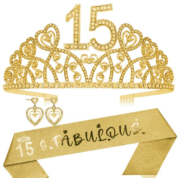 HnoonZ 15th Birthday Gifts for Girls,15th Sash and Tiara for Women,Crown 15 Birthday