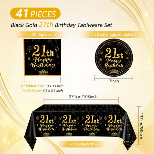 41 PCS 21st Birthday Decorations for Women Men Black and Gold Cheers to 21 Years Set Included Plates Napkins Tablecloth for Her Him 21 Years Old Birthday Party Supplies