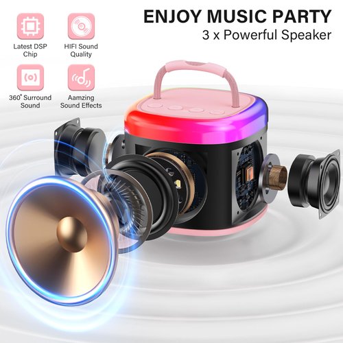 HWWR Karaoke Machine for Kids, Mini Karaoke Machine with 2 Wireless Microphones & Disco Lights for Home Party, Kids Christmas Birthday Gifts, Music Toys for Girls Boys Age 3 4 5 6 7 8 9 10 11 12+