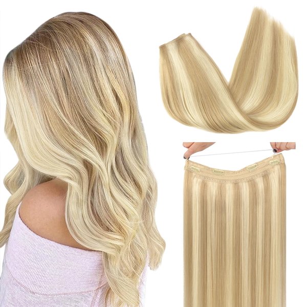 GOO GOO Wire Hair Extensions Human Hair, 18A/613A Dark Blonde mix Bleach Blonde Highlighted 18inch 95g, Invisible Wire Hair Extensions with Transparent, Seamless Fish Line Hairpiece