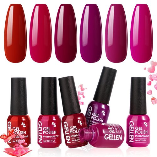 Gellen Gel Nail Polish - Red Burgundy 6PC Gel Polish Set, Hot Pink Purple Nail Polish Gel Manicure Nail Gifts Valentine's Day for Women