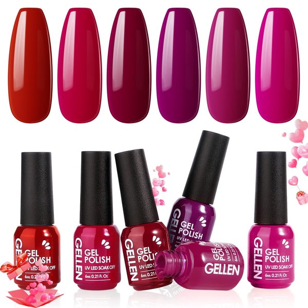 Gellen Gel Nail Polish - Red Burgundy 6PC Gel Polish Set, Hot Pink Purple Nail Polish Gel Manicure Nail Gifts Valentine's Day for Women