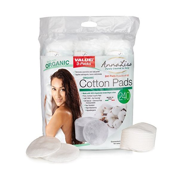 AnnaLisa 100% Pure ORGANIC Combed Cotton Pads for Makeup/Nail Polish Removal |240-Piece Italian Round Facial Cleansing| 3 Packs of 80 Hypoallergenic & Absorbing Cotton Rounds for Face closed ends