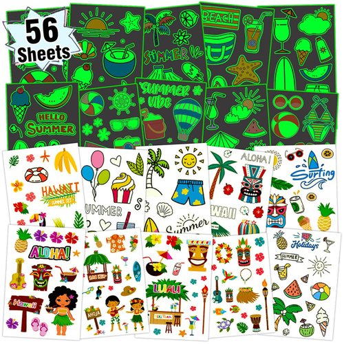 Partywind 555 Styles Glow Hawaiian Decorations for Kids Party Supplies, 56 Sheet Hawaiian Luau Temporary Tattoos with Pineapples/Flamingo/Hibiscus Flowers, Summer Beach Pool Party Decor