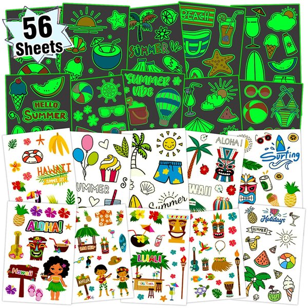 Partywind 555 Styles Glow Hawaiian Decorations for Kids Party Supplies, 56 Sheet Hawaiian Luau Temporary Tattoos with Pineapples/Flamingo/Hibiscus Flowers, Summer Beach Pool Party Decor