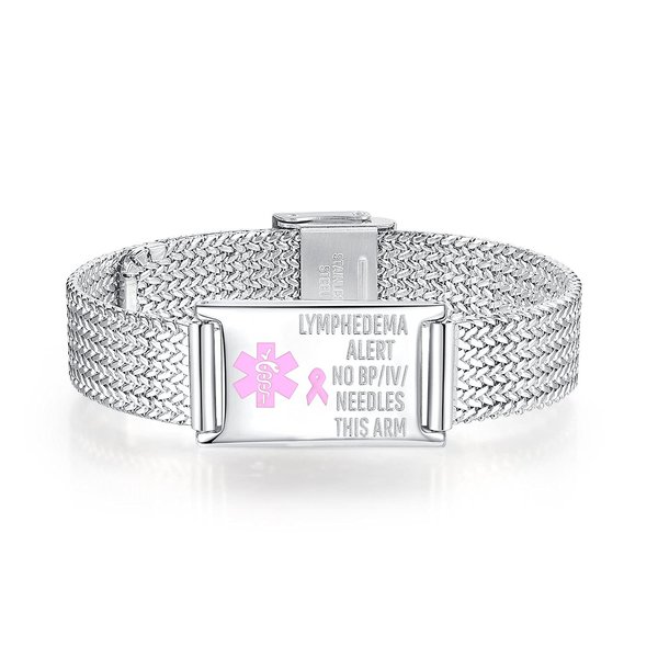 mnmoom Medical Alert Bracelets for Women Adjustable Stainless Steel Mesh lymphedema alert Bracelets with engraved NO BP/IV/NEEDLES THIS ARM-silver