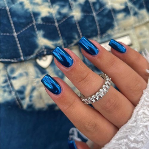 Royal Blue Chrome Square Press on Nails Short Medium,KQueenest Mirror Metal Plating False Acrylic Nails Press Ons,Metallic Fake Nails Natural Glue on Nails Medium Length Gloss Stick on Nails for Women