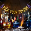 Gold Glitter Pick Your Poison Banner Potion Bar Banner, Pick Your Poison Sign Halloween Party Banner for Haunted Mansion Home Halloween Hocus Pocus Party Decorations