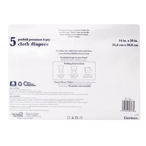 Gerber Prefold Premium 6-Ply Cloth Diapers, 5-Pack