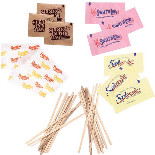 Sugar & Sweetener Assortment Packets Packaged by Bools, Sugar Packets, Splenda, Sweet'N Low, Brown Sugar, Plus Bools Wooden Coffee Stirrers (400 Pack)Sugar Packets for Home, Office, Coffee, Bar, Gift