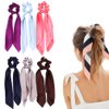 Silk Satin Hair Scrunchies, Hair Scarf with Bow Silk Elastic Hair Bands, Solid Colors Hair Scarf Silk Scrunchie for Ponytail Holder (6 Pcs Solid Colors-B)