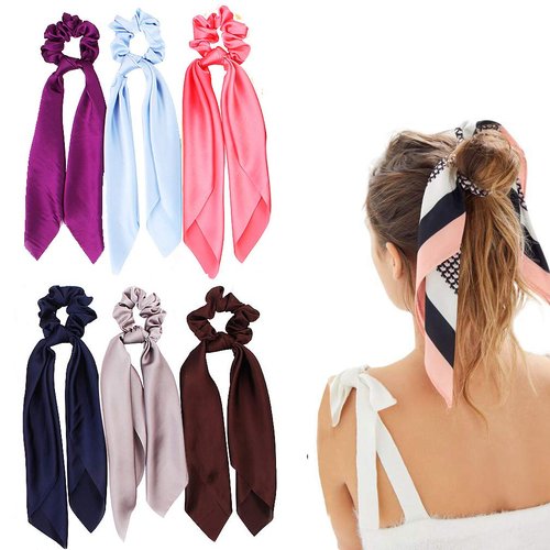 Silk Satin Hair Scrunchies, Hair Scarf with Bow Silk Elastic Hair Bands, Solid Colors Hair Scarf Silk Scrunchie for Ponytail Holder (6 Pcs Solid Colors-B)