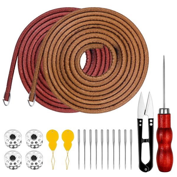 Homgaty 2 Piece Treadle Sewing Machine Belt, 183cm 3/16" Replacement Leather Belt Treadle Parts with Hooks,Sewing Bobbins,Needle Threader, Needles,Scissors Compatible with Singer/Jones Sewing Machine