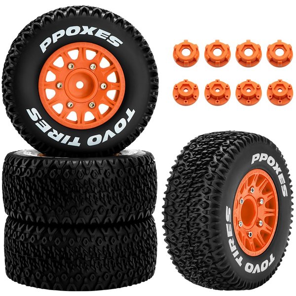 GLOBACT 12mm/14mm Hex RC Wheels and Tires RC Truck Tires for 1/10 Slash 2WD 4×4 Arrma Senton Axial Losi Redcat Rc4wd Hex Detachable Replacement (Orange 4 PCS)