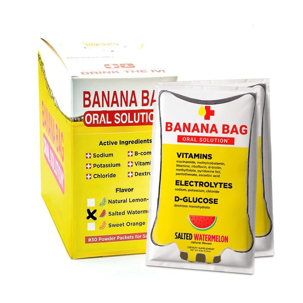 Banana Bag Oral Solution Salted Watermelon 30-Pack Medbox Pharmacist Hydration Recovery Formula - Electrolyte & Vitamin Powder Packet Drink Mix