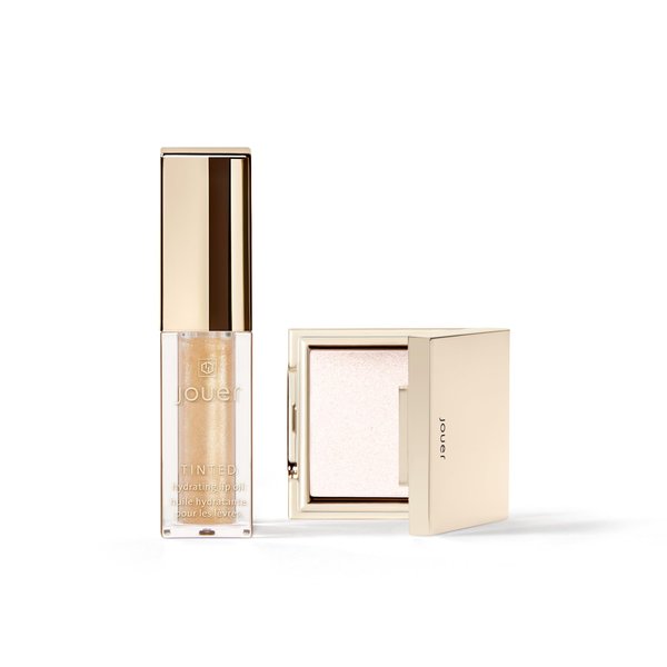 Jouer Glow On La Go Cheek & Lip Set - Deluxe Ice Highlighter + Diamond Shimmering Tinted Lip Oil - Highlighter Powder for Face - Luminizing Powder & Shimmer Lip Oil